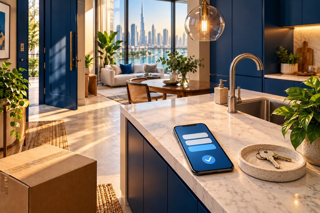 Conceptual imagined Dubai home with cobalt cabinetry, keys, a moving box and an abstract phone form; not the actual DEWA interface.