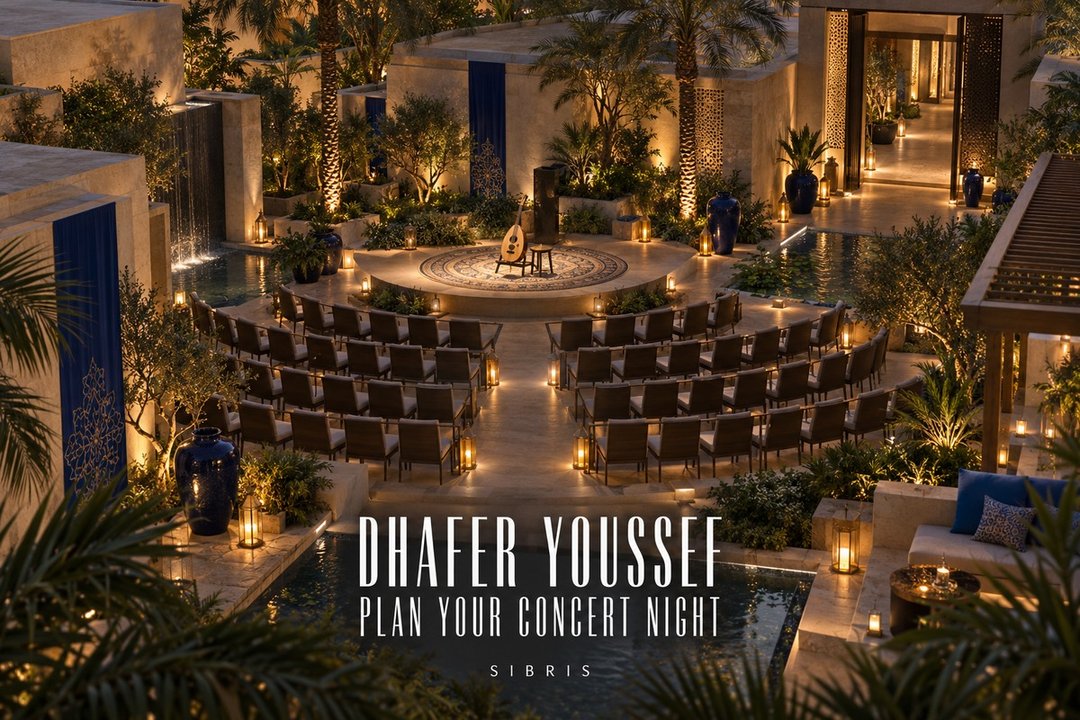 AI-generated conceptual music courtyard with an oud; not Louvre Abu Dhabi, the actual concert stage or Dhafer Youssef.
