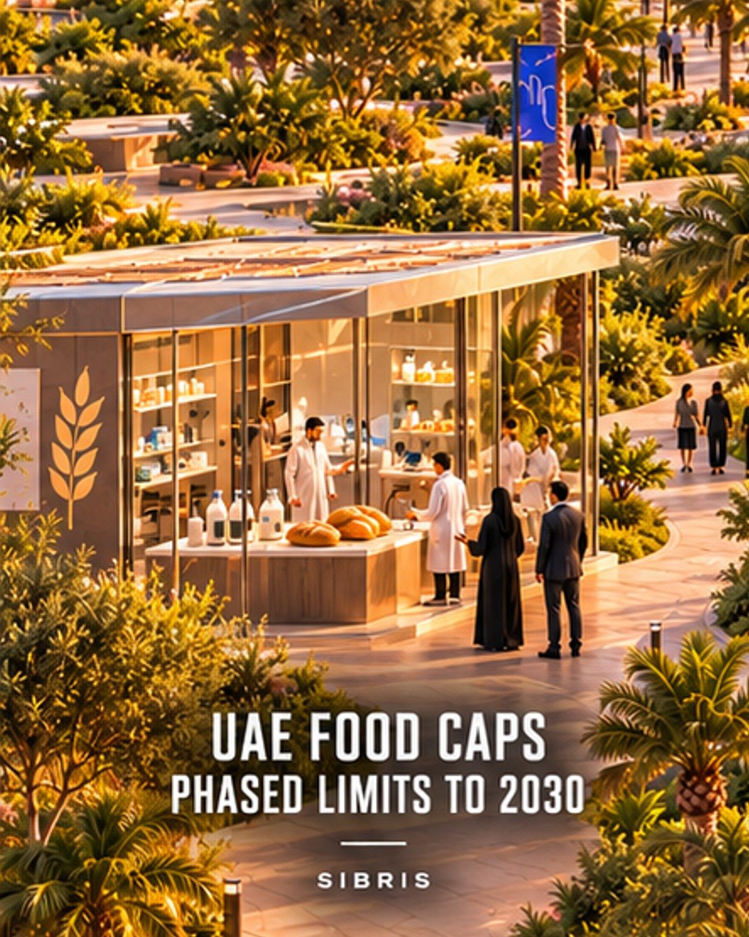 AI-generated conceptual food-testing pavilion with bread and milk containers, not an actual MoHAP facility.