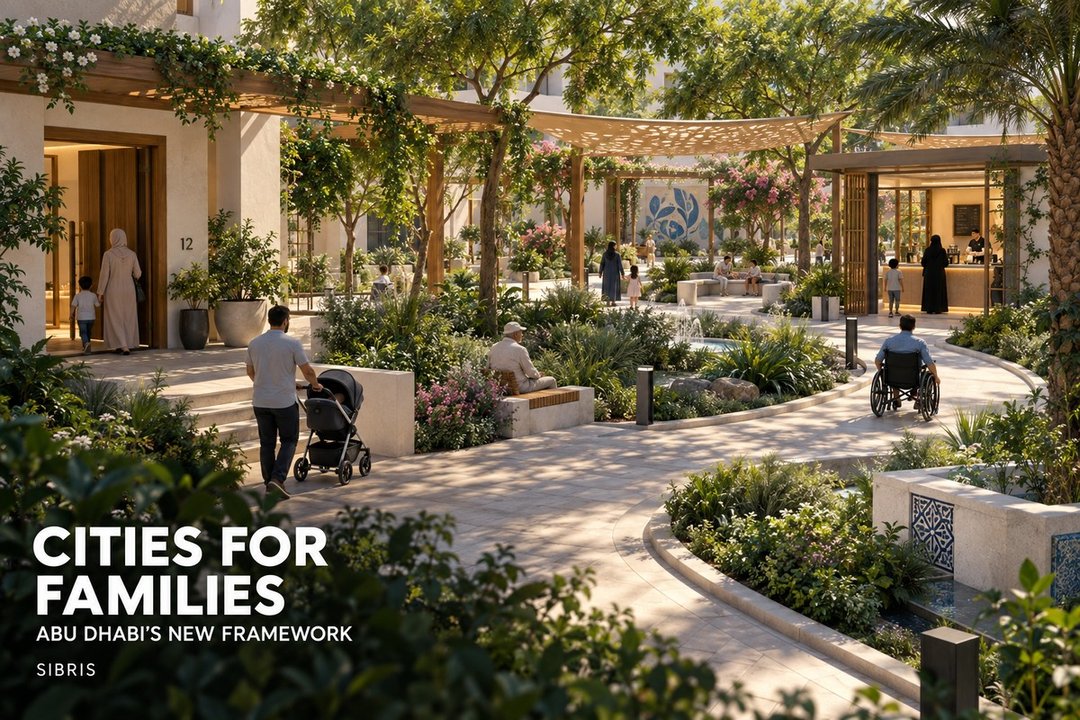 AI-generated conceptual courtyard with a stroller, wheelchair user and resting older adult; not an approved project or accessibility certification.