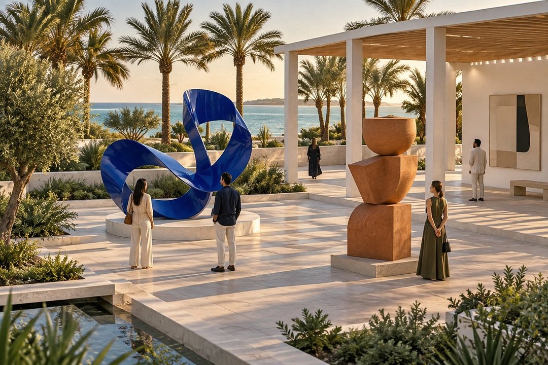Imagined coastal sculpture courtyard with abstract forms; not actual Frieze artworks, venues or SIBRIS amenities.
