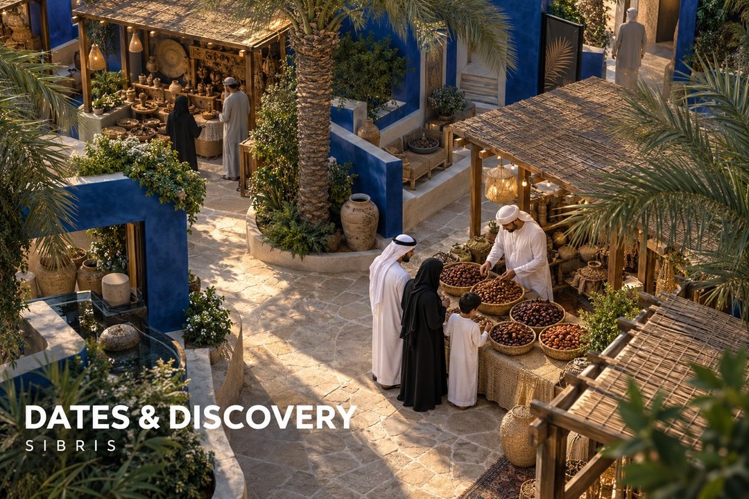 Conceptual AI-generated illustration of a family at an imagined date-market courtyard, not the Al Dhafra Dates Festival site.