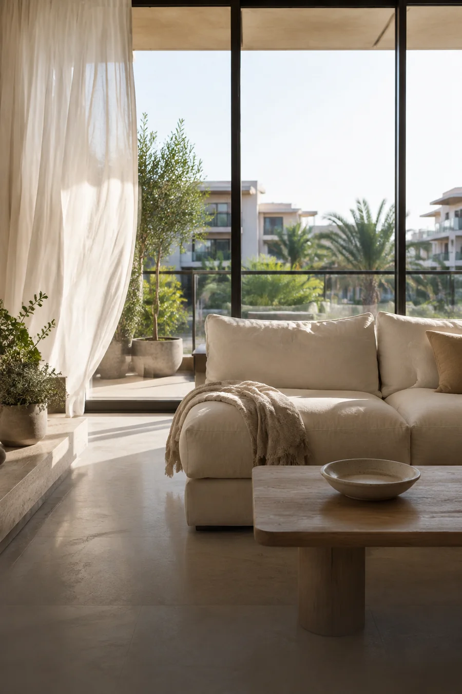 Sunlit living room opening onto a planted balcony