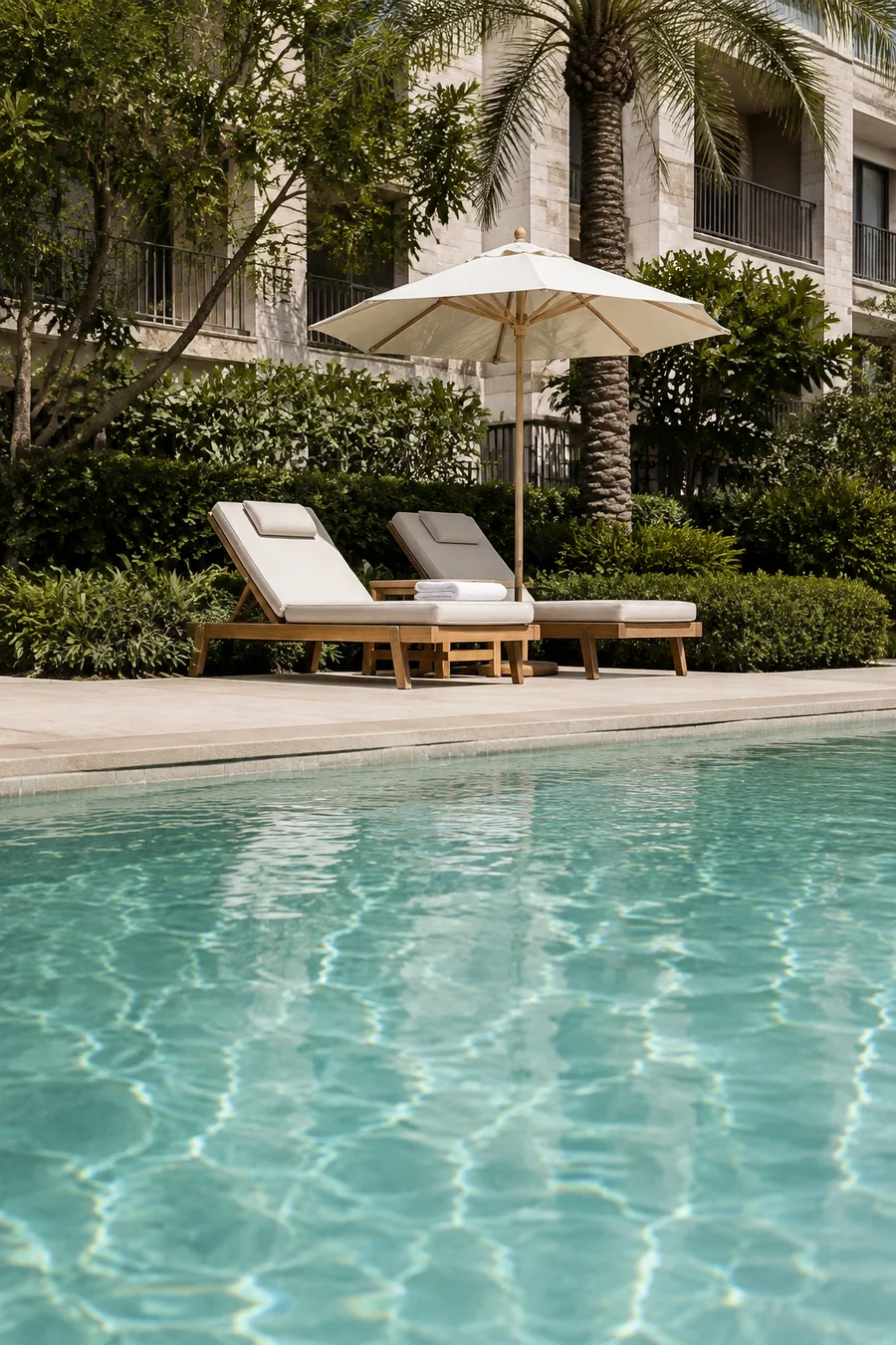 Quiet pool terrace with loungers and palms in daylight
