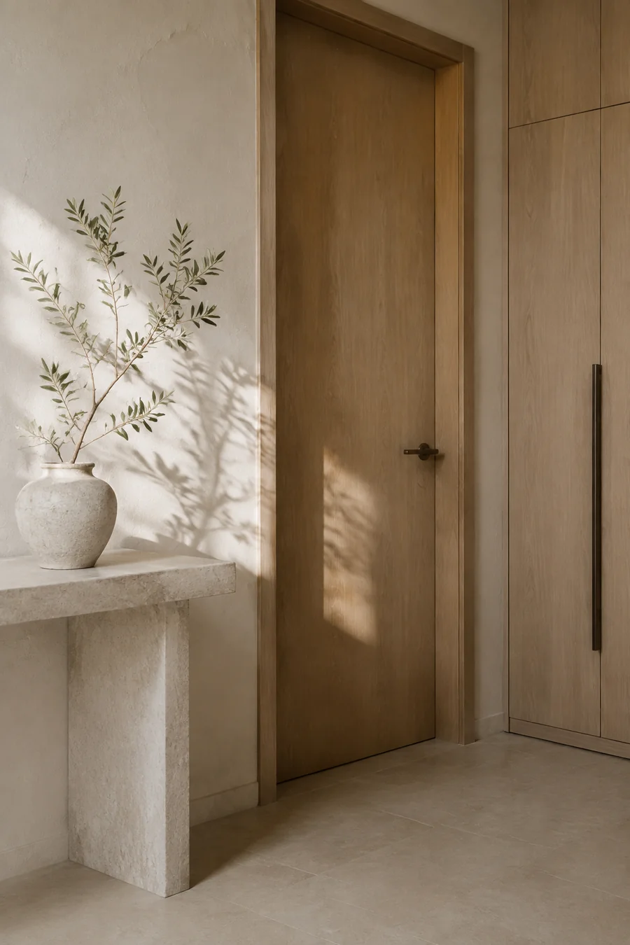 Natural oak, bronze and stone interior details