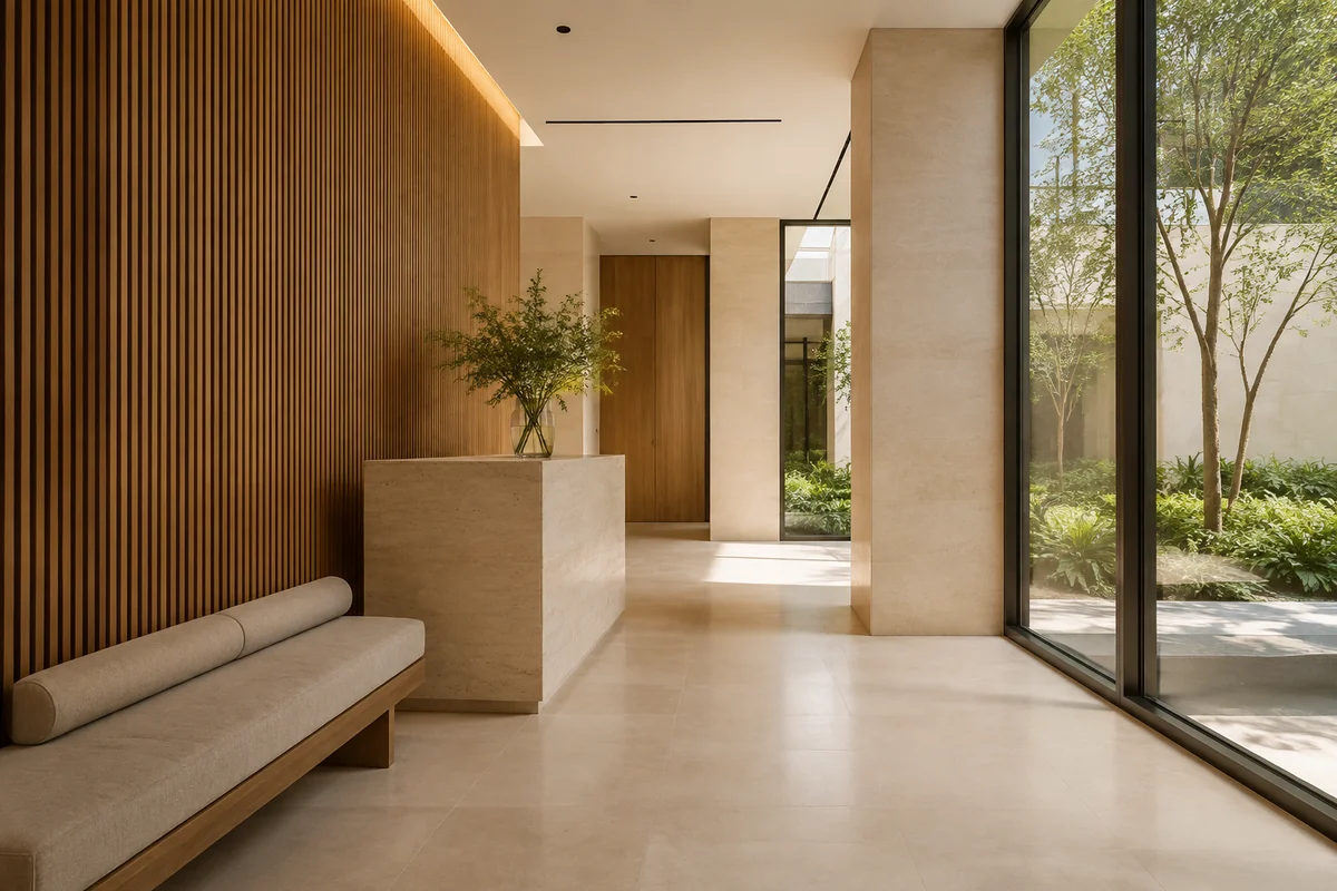 Daylit residential entrance with oak joinery and natural stone