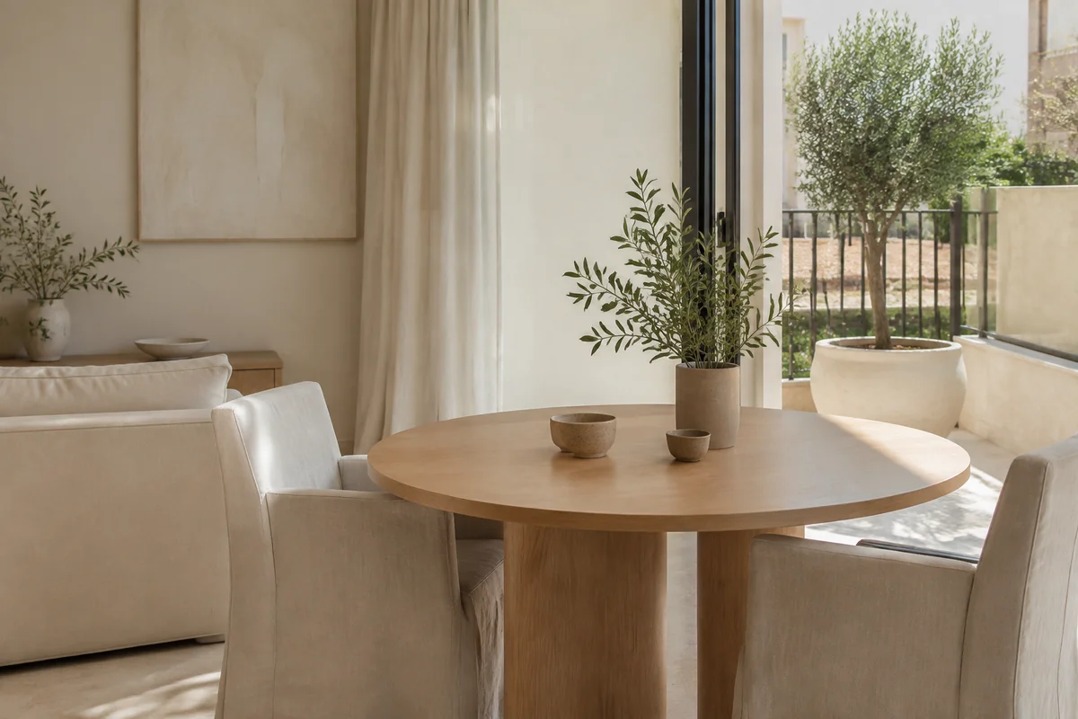 A calm dining corner beside a sunlit balcony