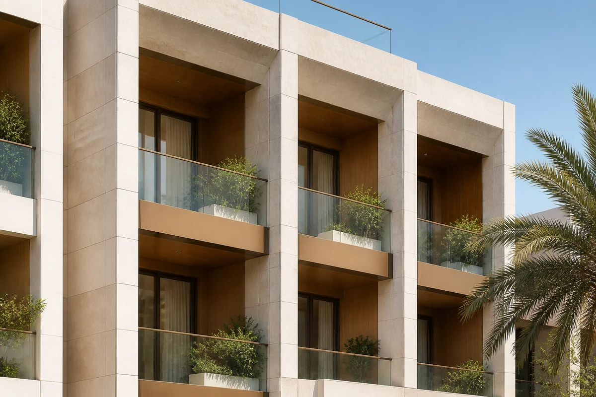 Limestone facade with recessed balconies and bronze frames