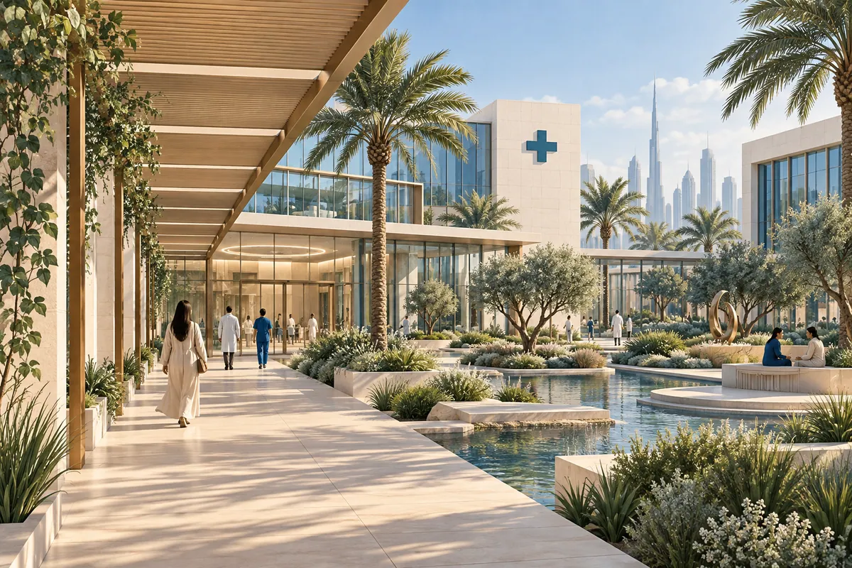 Conceptual illustration of a neighbourhood healthcare campus, not a depiction of Parkview Hospital