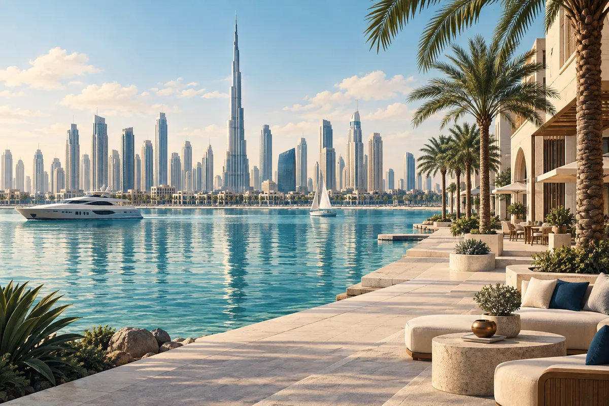 Conceptual illustration of a Dubai-inspired waterfront and skyline