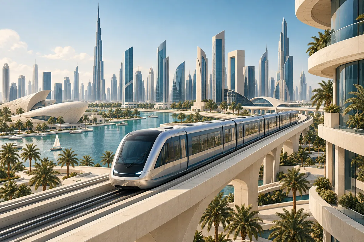 Conceptual illustration of an elevated metro in a Dubai-inspired city