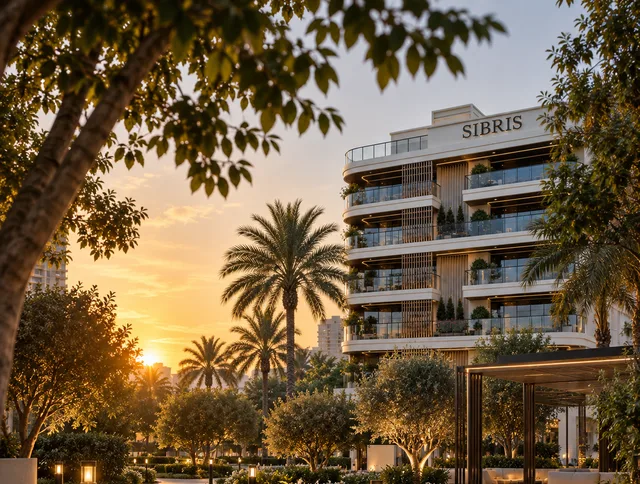 SIBRIS Residence at sunset, seen through its gardens