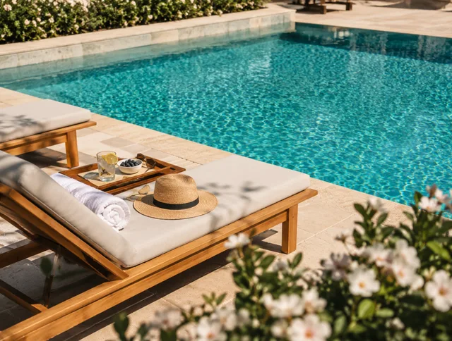 The swimming pool and sun loungers at SIBRIS Residence