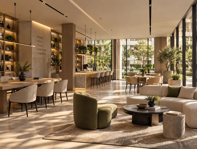 The residents' lounge and co-working space at SIBRIS Residence
